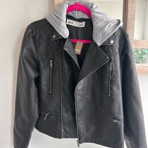 Buckle Women's Black Leather Jacket with Gray Hood